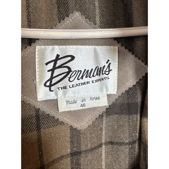 Vintage Bermans Suede Leather Jacket Mens 46 Plaid Lined Zip Hood Brown